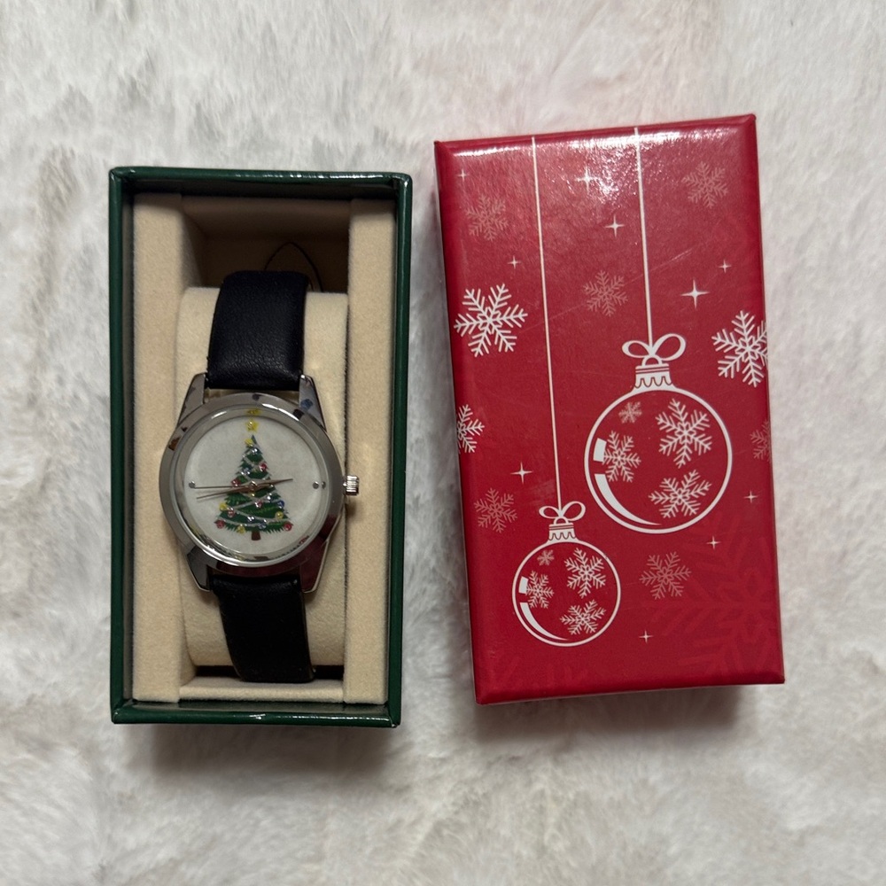 Holiday Tree Watch with Black Strap and Silver Bezel